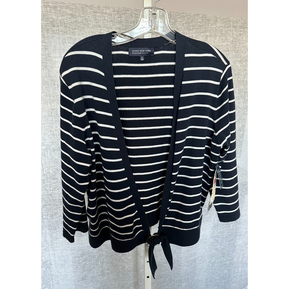Jones New York Signature Sweater Jacket Cardigan Plus 1x Navy White Cotton Blend